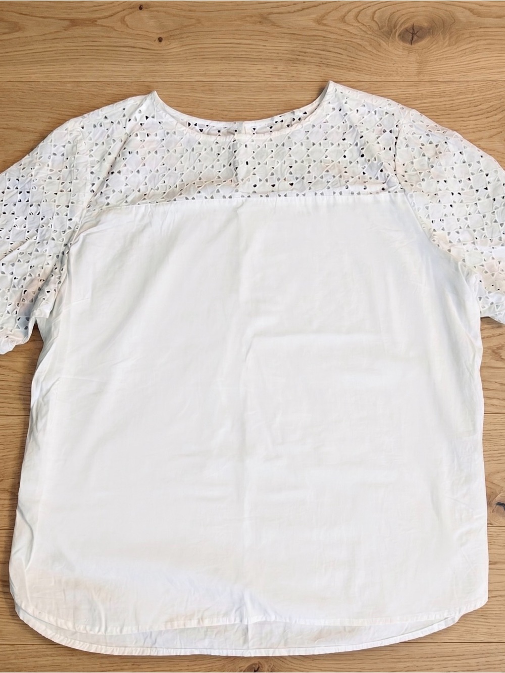 L.L. Bean White Eyelet Yoke Short Sleeve Top